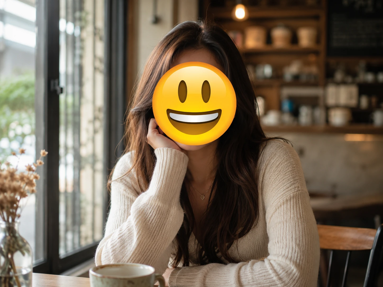 Portrait photo of a woman at a cafe with a large face emoji covering her face
