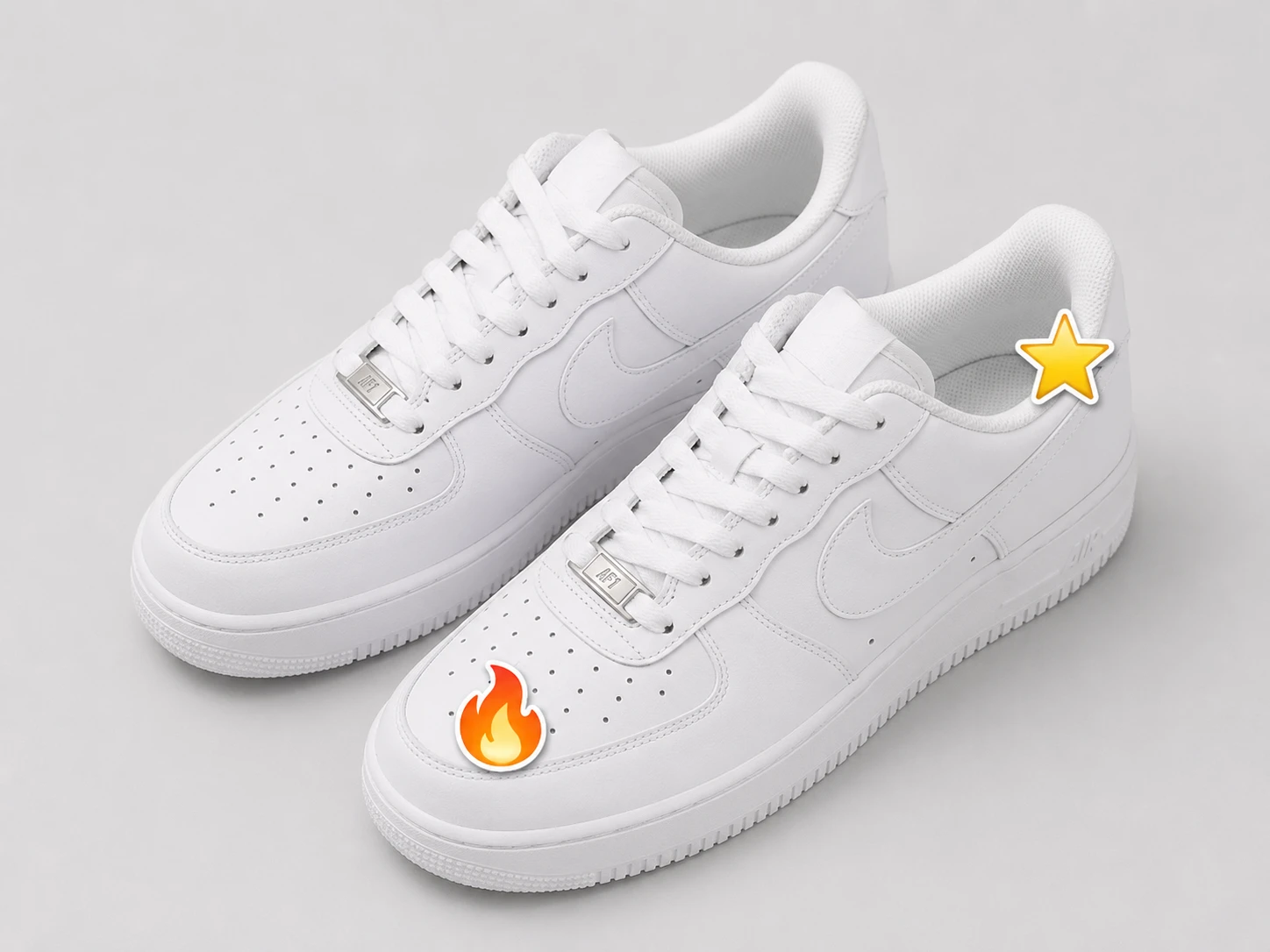 White sneakers product photo with fire and star emoji stickers overlaid
