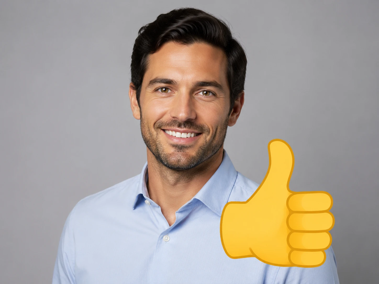 Professional headshot with a thumbs up emoji overlaid on the subject's shoulder