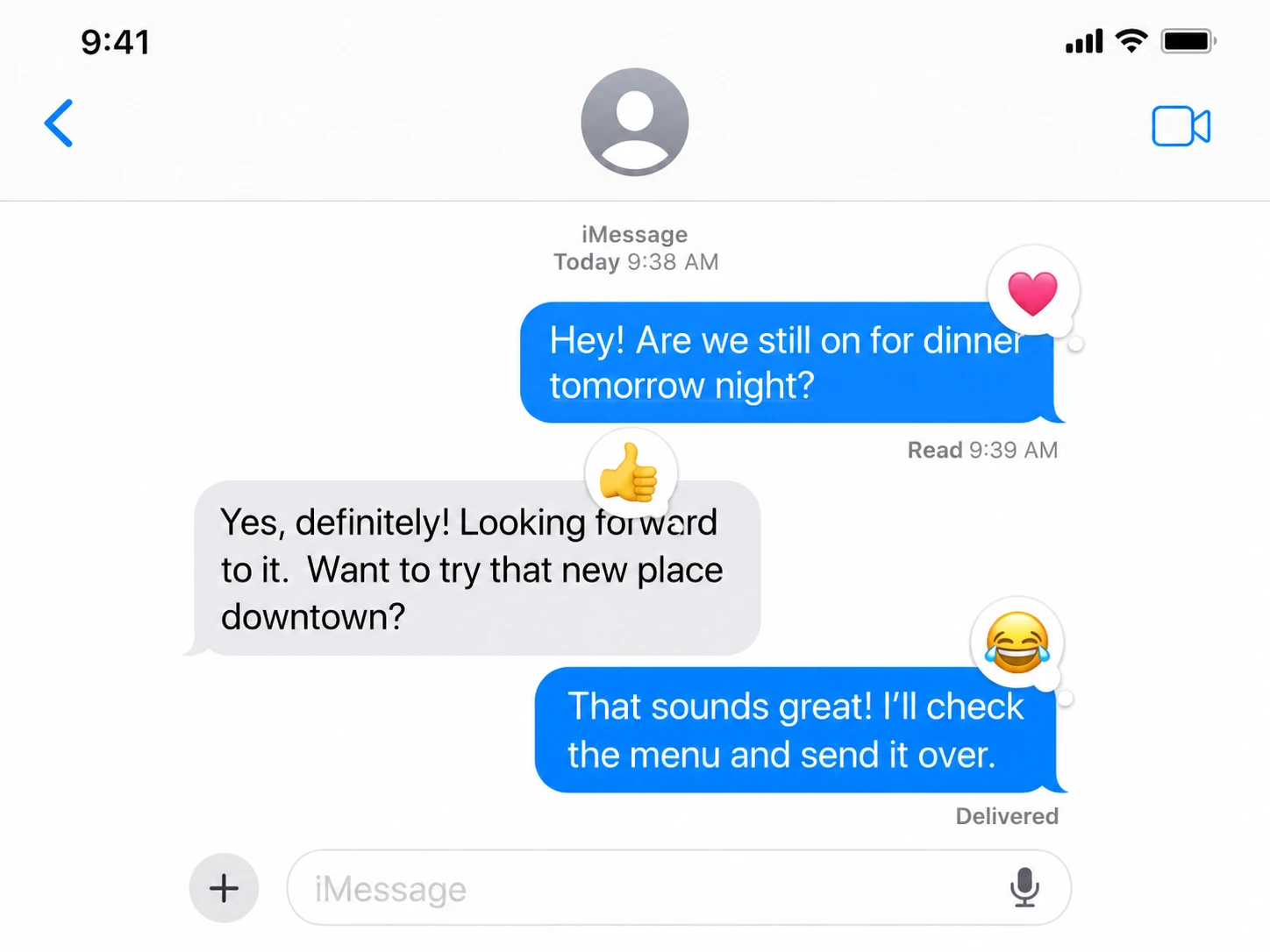 Chat app screenshot with thumbs up, heart, and laughing emoji reactions overlapping message text