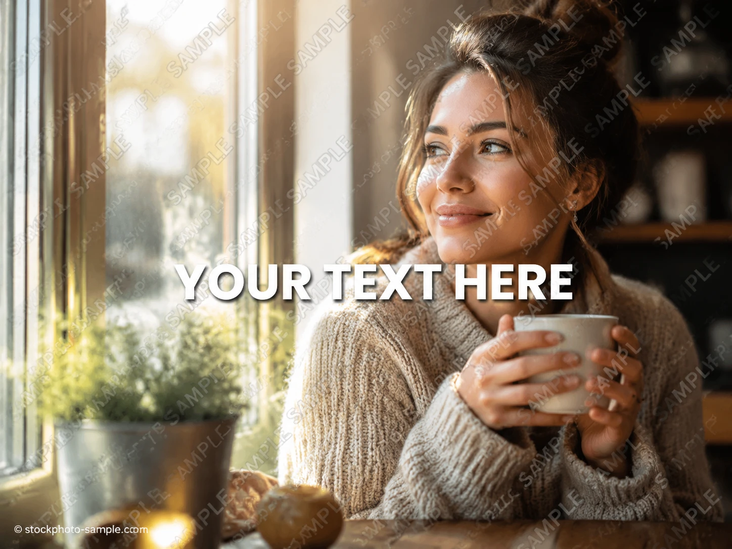 Lifestyle stock photo of a woman with coffee covered by a text overlay and stock watermark before removal