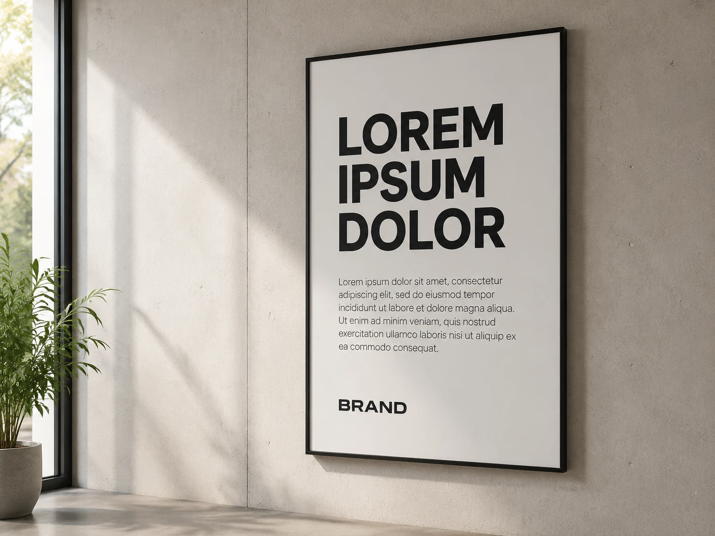 Framed poster mockup on a wall showing placeholder Lorem ipsum text and a brand logo before text removal