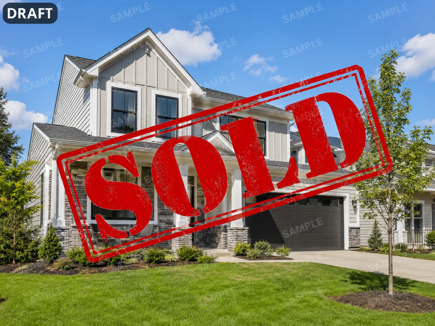Suburban house listing photo stamped with a red SOLD watermark and DRAFT tag before text removal