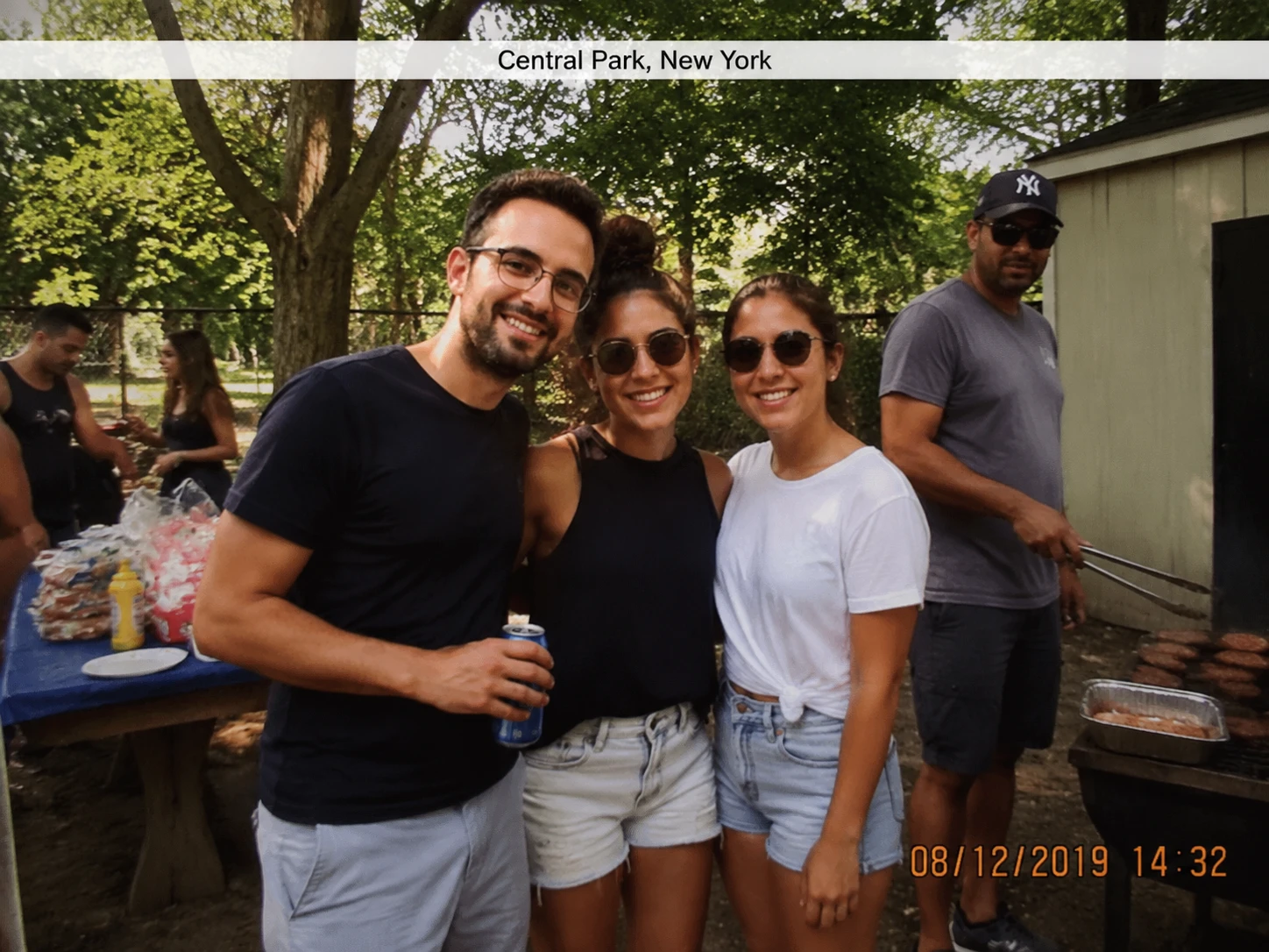 Old smartphone barbecue photo with an orange date stamp and location tag before text removal