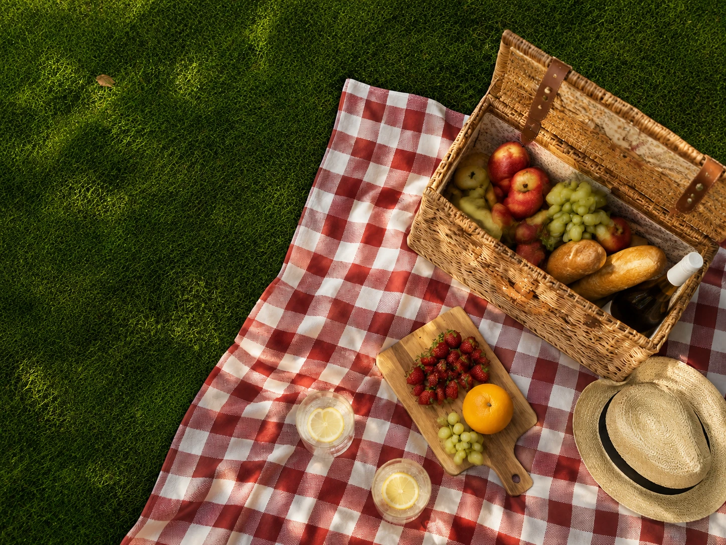 The same picnic photo with the watermark removed and the grass texture rebuilt seamlessly