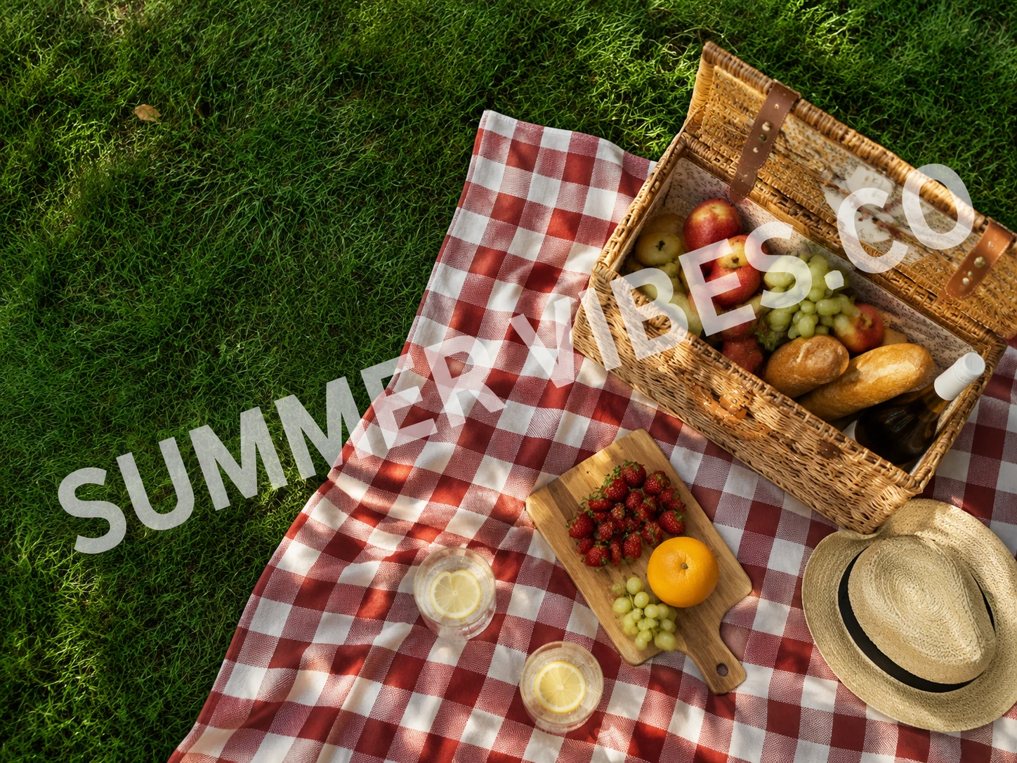 Picnic photo on grass with a diagonal watermark across the center before text removal