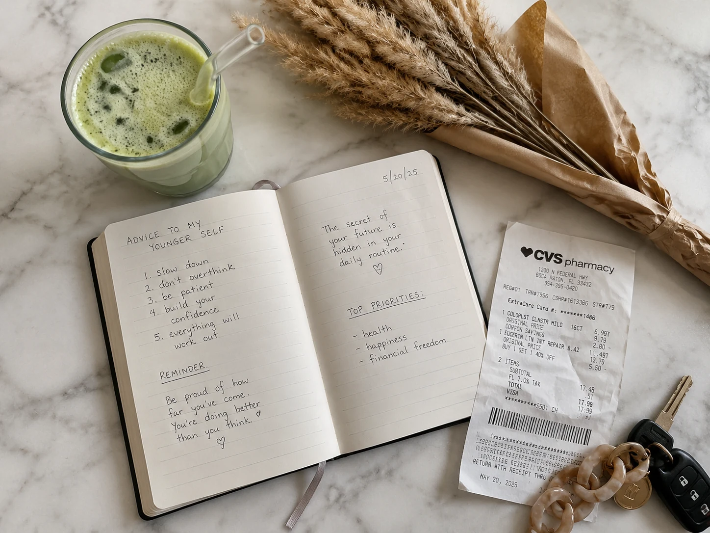 Original photo with a receipt and keys on a marble surface