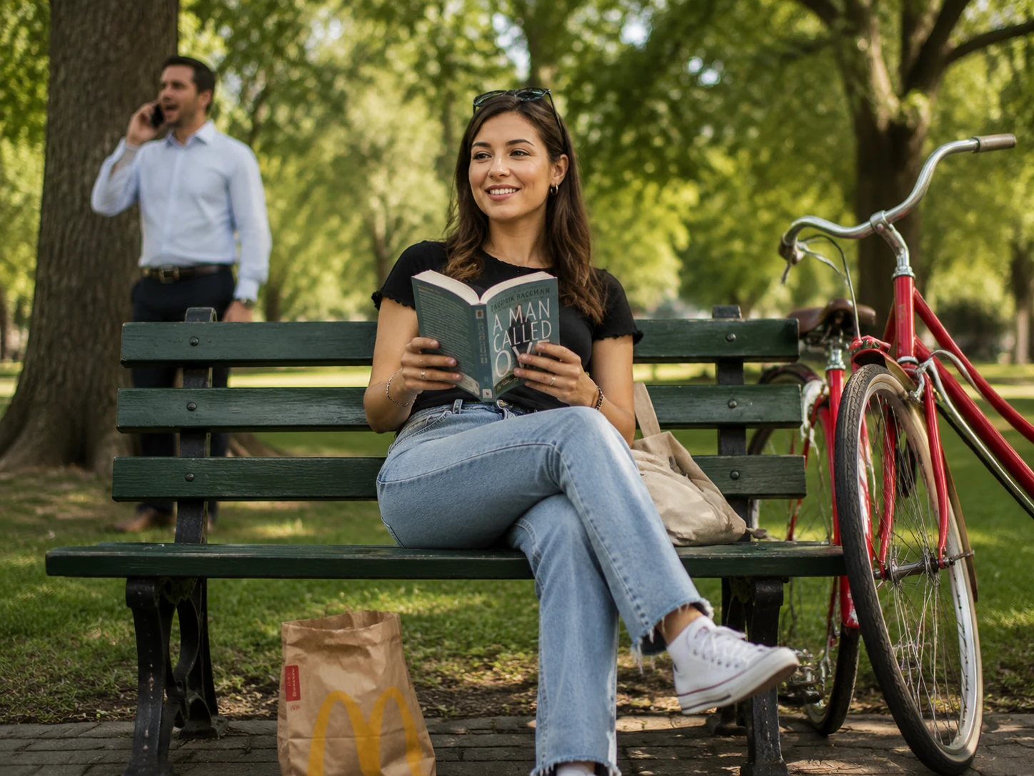 Woman reading on a park bench with a man on phone standing behind her left shoulder, a red bicycle leaning on the bench, and a McDonald's bag at her feet