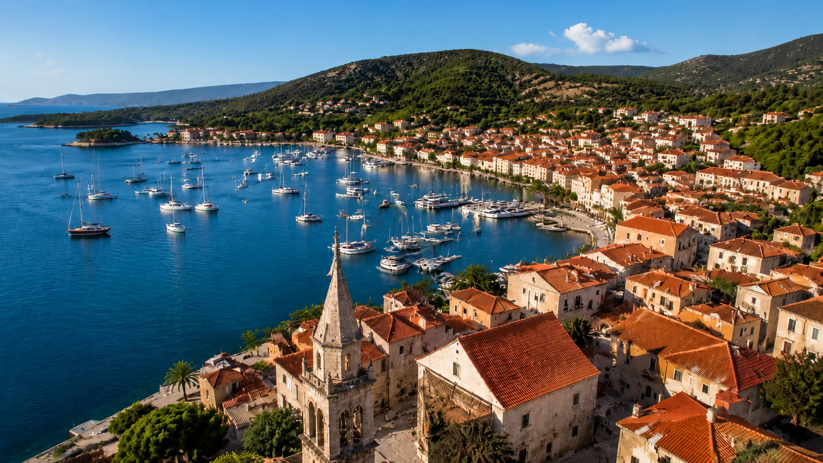 Aerial drone footage of a coastal town after removing the diagonal SAMPLE watermark