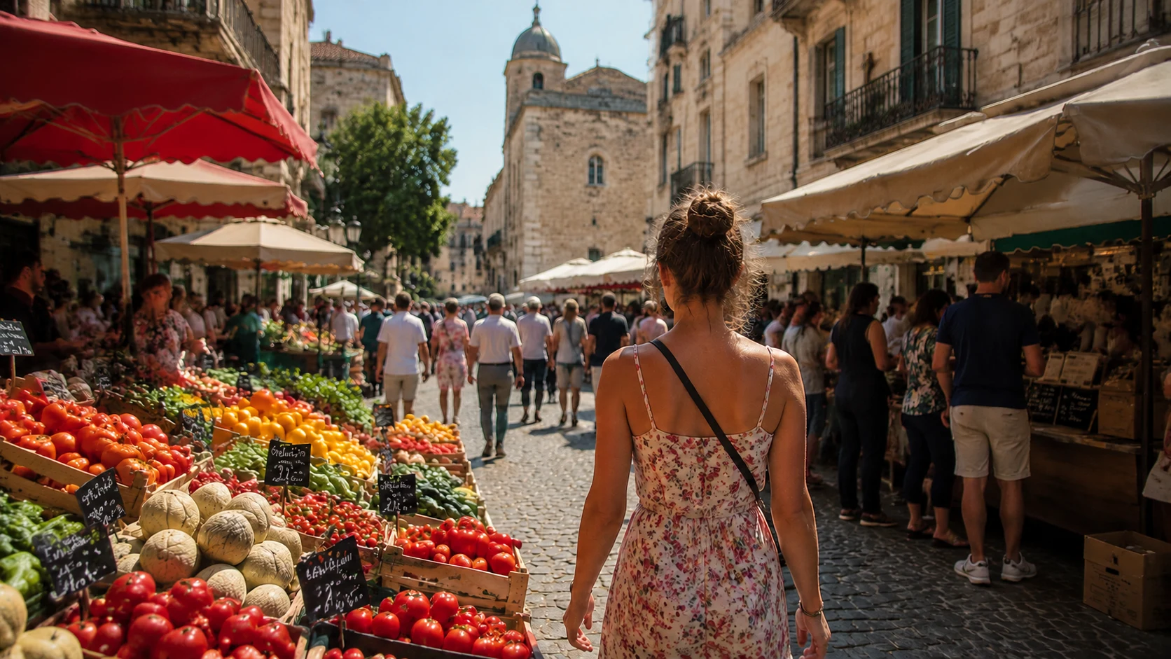 Travel video of a European street market after removing the creator channel logo bug