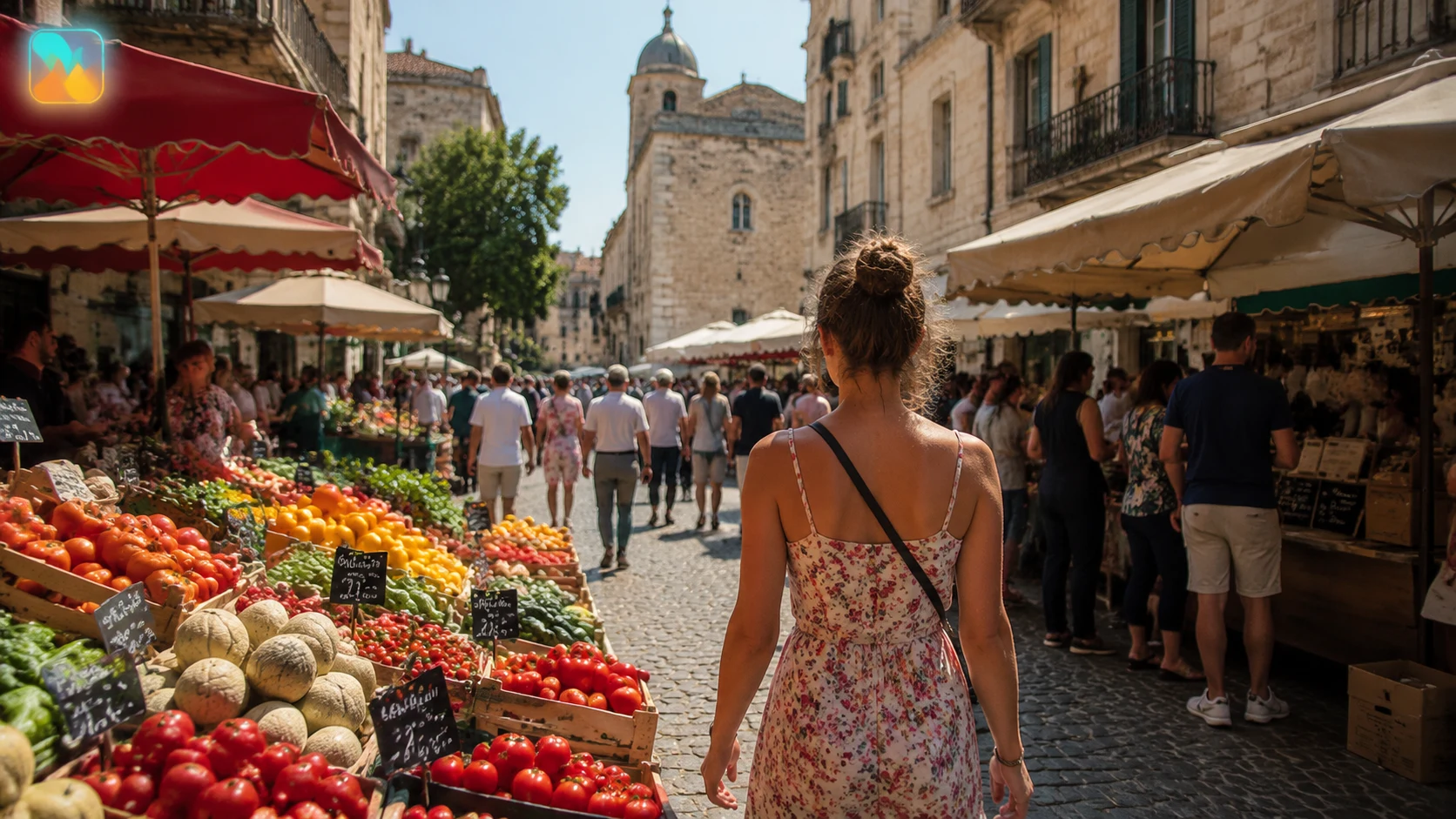 Travel video of a European street market with a semi-transparent creator channel logo bug in the top-left corner showing subtle animation blur