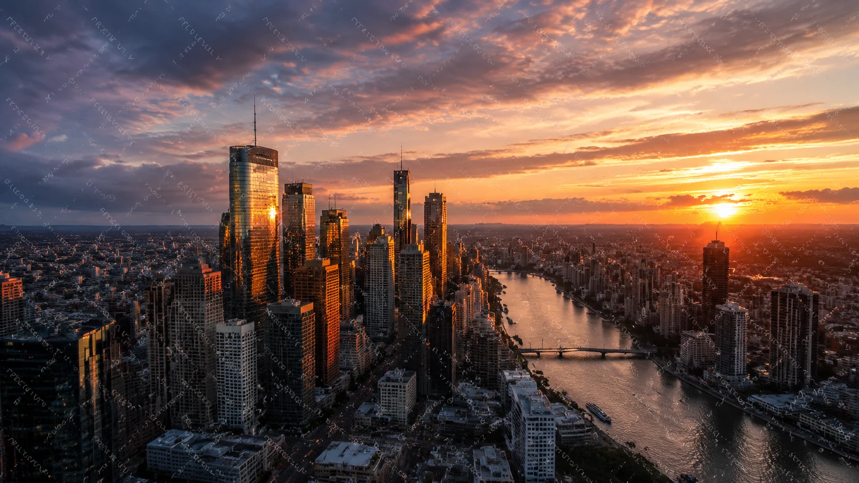 Professional aerial city footage with a repeating semi-transparent 'PREVIEW ONLY' watermark pattern tiled across the full frame