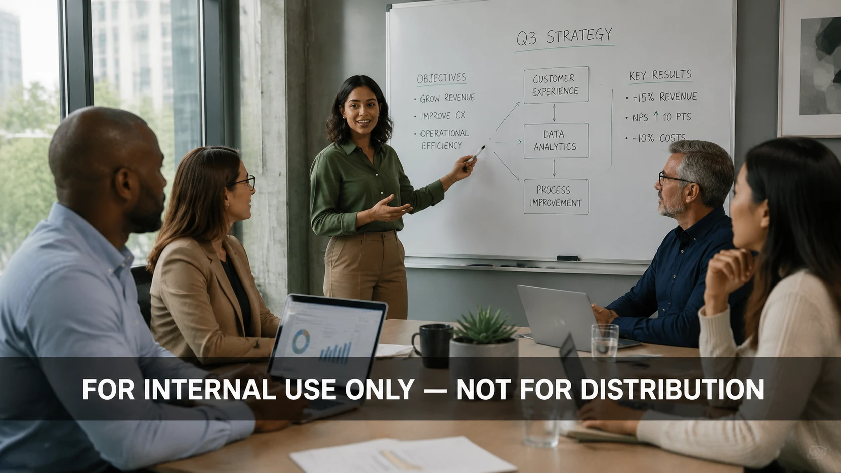 Corporate training video frame with a 'FOR INTERNAL USE ONLY' lower-third text banner burned into the bottom of the frame