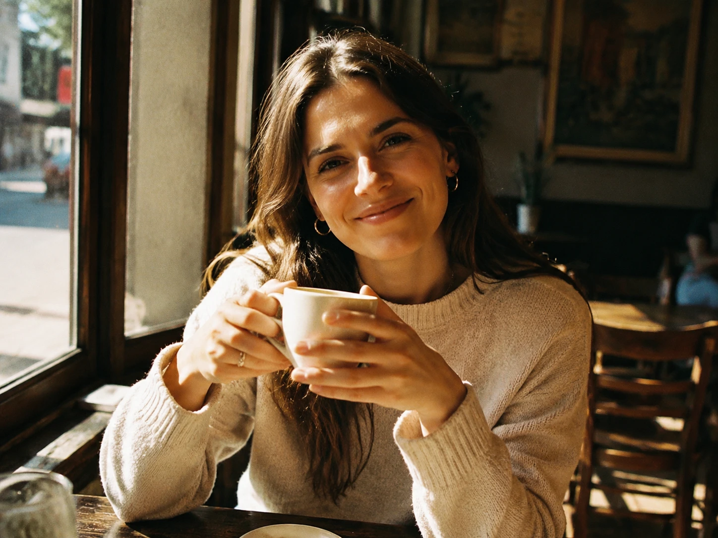 Young woman holding coffee in a sunlit cafe