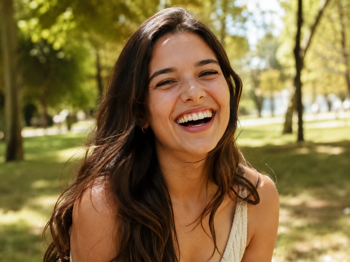 Young woman laughing outdoors in a park