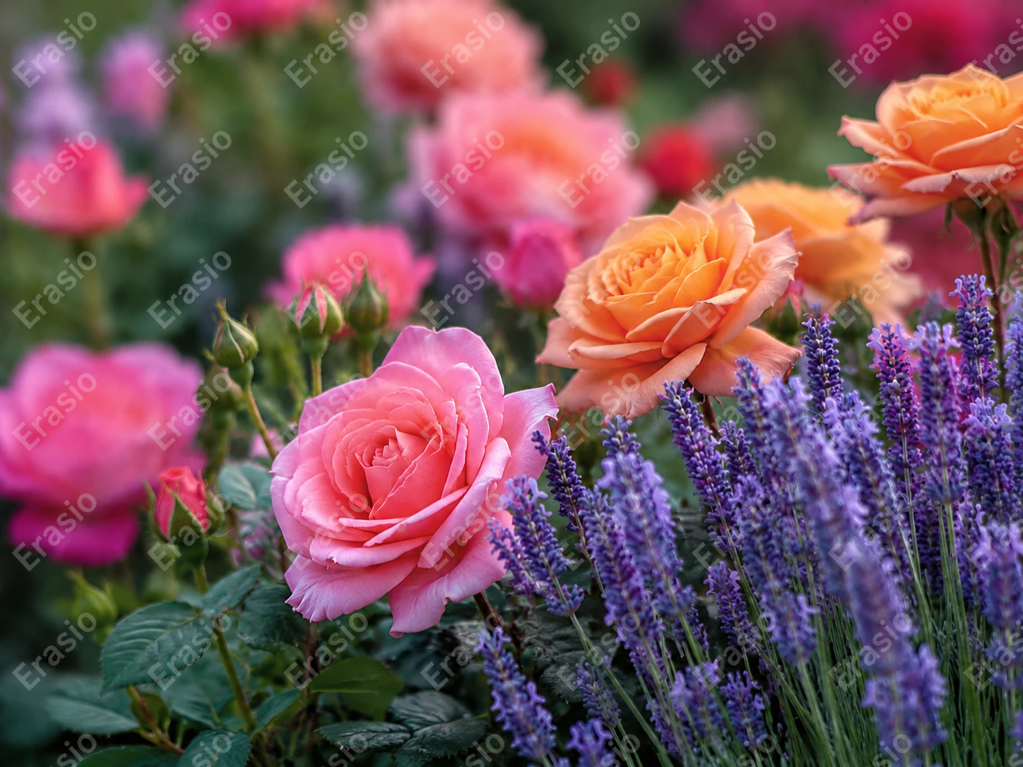 Flower garden photo with tiled semi-transparent Erasio watermarks