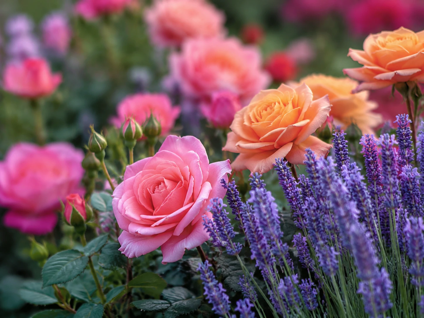 Colorful blooming flower garden with roses and lavender