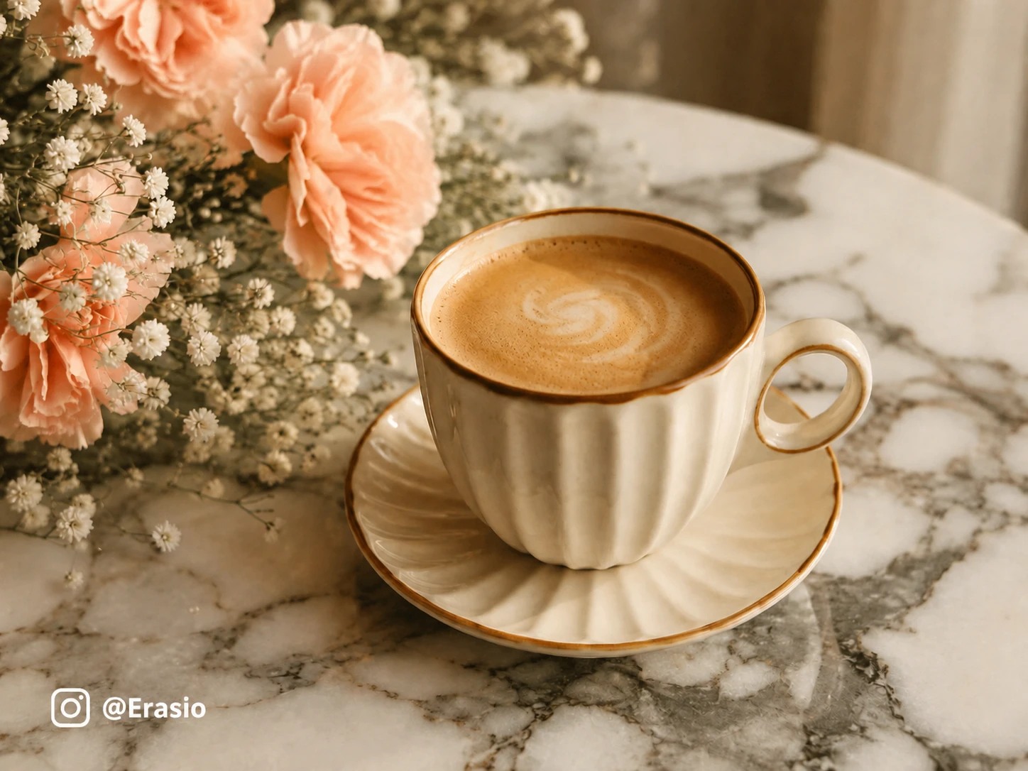 Coffee cup photo with a bottom-left Erasio social media handle watermark