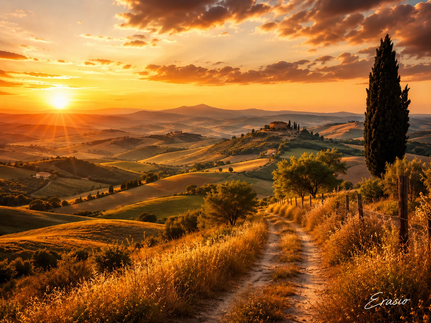 Golden hour landscape with a bottom-right white Erasio handwritten signature